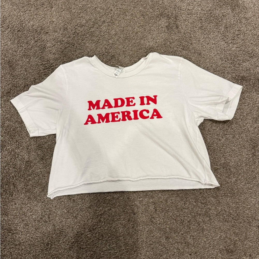 “Made in America” White Crop Top with Red Print
